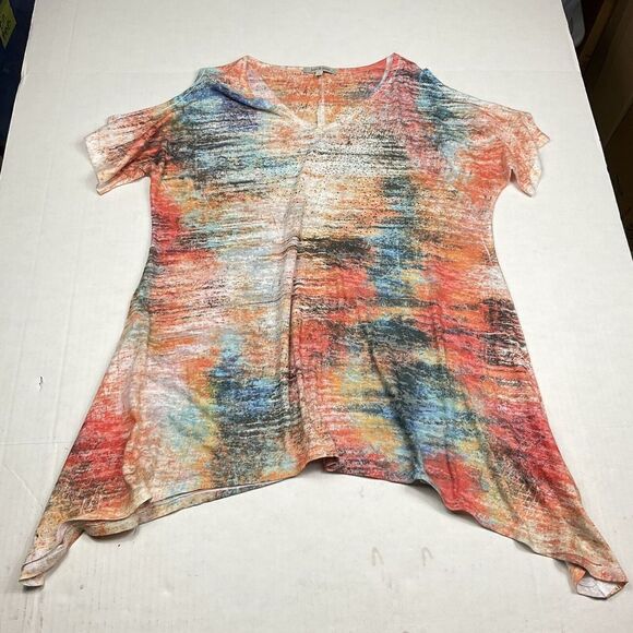 Jess & Jane Tunic Abstract Print Cold Shoulder Short Sleeve Studded Top LARGE - Picture 1 of 10